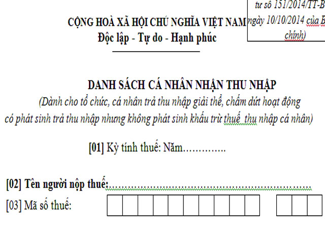 DANH SÁCH CÁ NHÂN NHẬN THU NHẬP