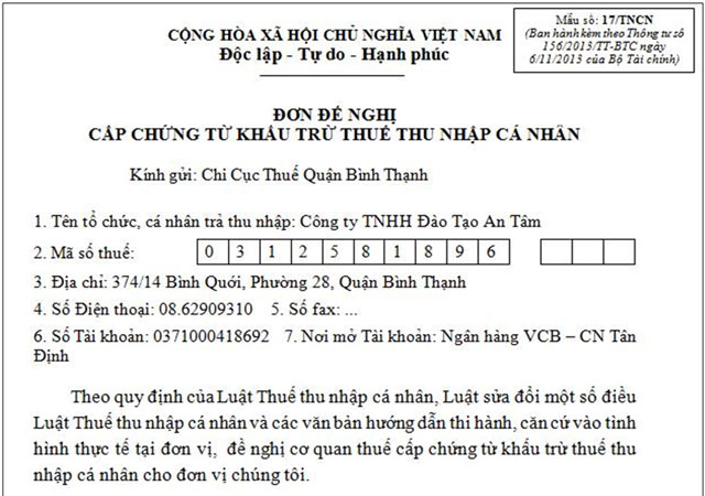 ĐƠN ĐỀ NGHỊ CẤP CHỨNG TỪ KHẤU TRỪ THUẾ THU NHẬP CÁ NHÂN