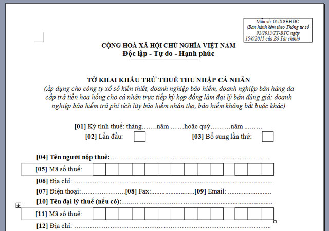 TỜ KHAI KHẤU TRỪ THUẾ THU NHẬP CÁ NHÂN